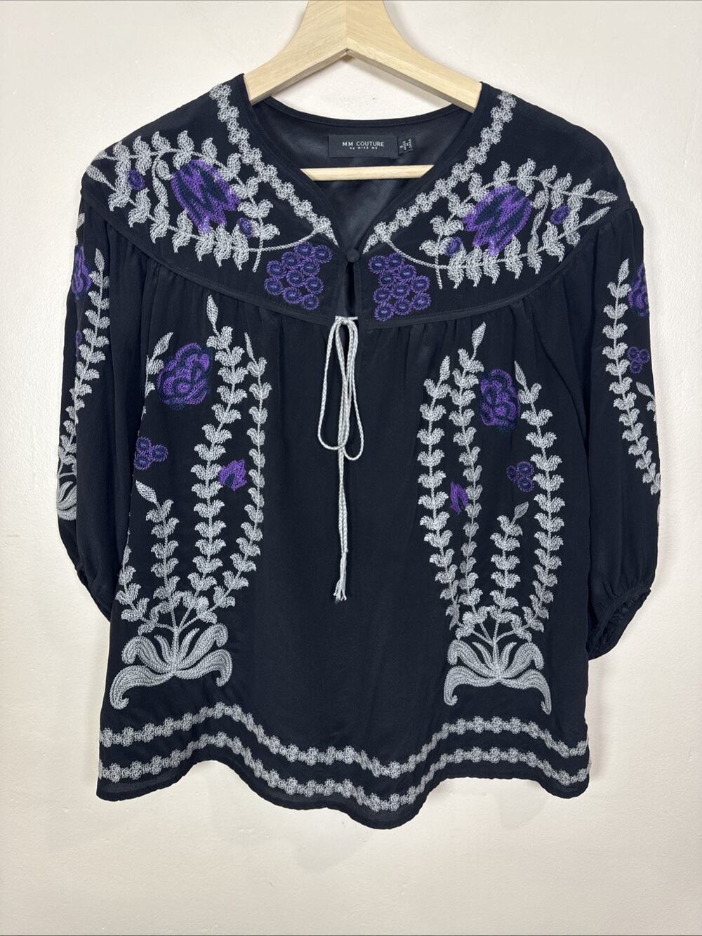 MM COUTURE BY MISS ME Boho Embroidered 100% Silk Peasant Top S Blouse Cottage